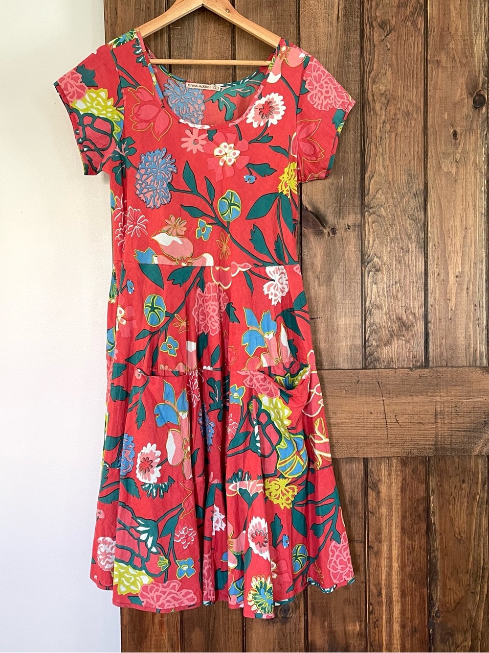 Dress Addict Jess Red Multi Floral Cotton Tiered Midi Dress Pockets! Large